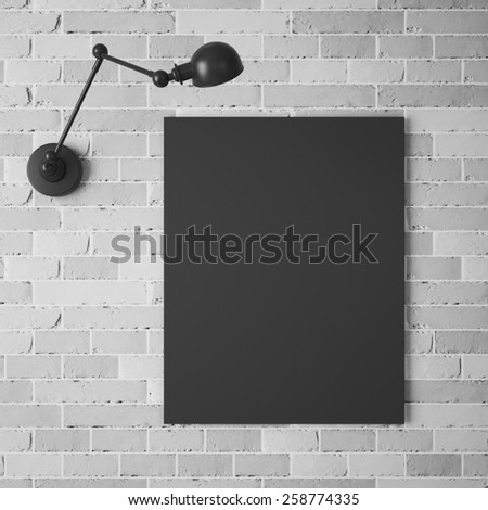 Black chalkboard on the brick wall with lamp. 3D rendering