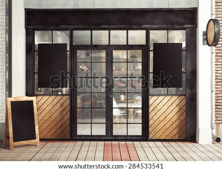 3d rendering of restaurant facade with posters