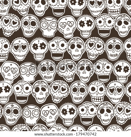 Seamless pattern with mexican skulls, flowers and hearts.