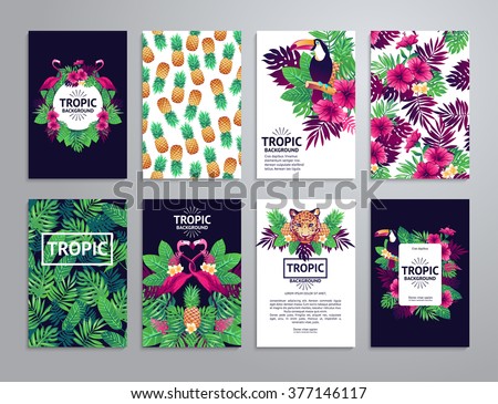 Tropical printable set. Vector cards, notes and banners with toucan, leopard, exotic flowers and fruits.