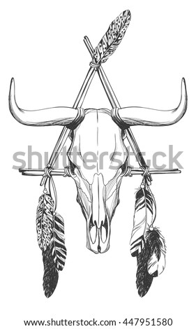 Bull Skull With Feathers And Dreamcatcher Native American Indian