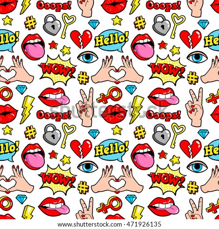 Seamless pattern with fashion patch badges with hearts, speech bubbles, stars and other elements.Vector background with stickers, pins, patches in cartoon 80s-90s comic style.