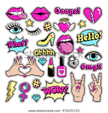 Fashion patch badges with lips, hearts, speech bubbles, stars and other elements. Vector illustration isolated on white background. Set of stickers, pins, patches in cartoon 80s-90s comic style.