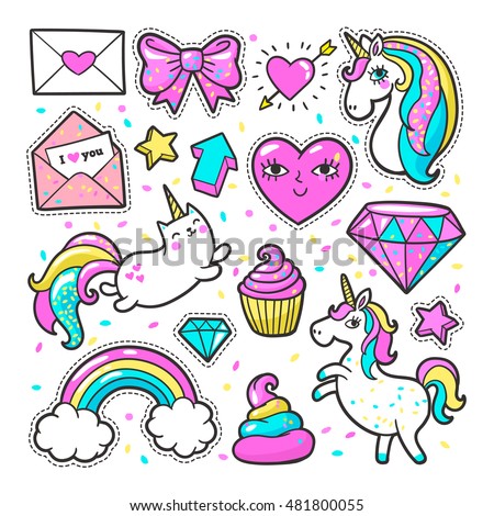 Fashion patch badges with unicorns, hearts, cats, rainbow and other elements for girls. Vector illustration isolated on white background. Set of stickers, pins, patches in cartoon 80s-90s comic style.
