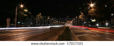 traffic at night, main street in Wroclaw, Poland