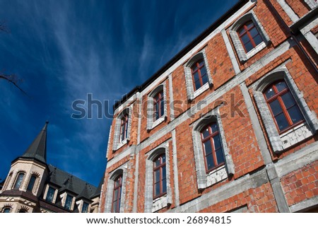 Building in construction, yard, blue sky, architecture