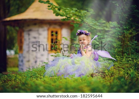 A little beautiful elf near the tiny house in the meadow on a sunny summer day
