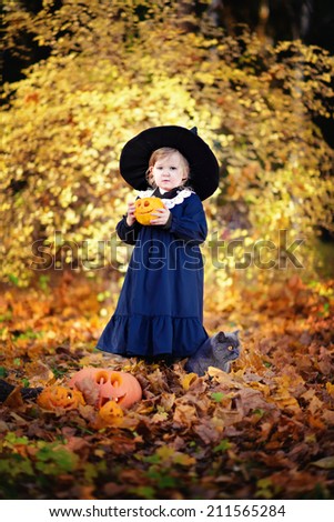 Little cute girl in black witch costume and a magic hat standing among orange leaves with a jack pumpkin in a sunny autumn day. Halloween. National holidays and traditions. Fairy tale. Funny kids.