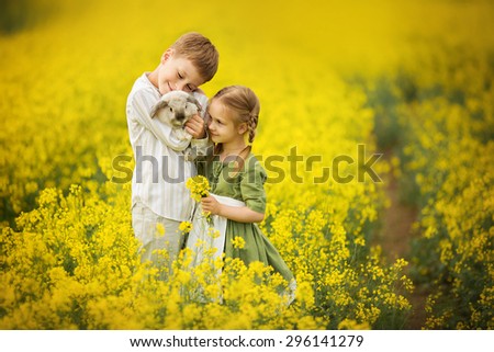 Little pretty girl in green dress with white apron and young boy holding a rabbit in the field of flowering yellow mustard on a sunny summer day. Kids and nature. Children in country. Beautiful flora