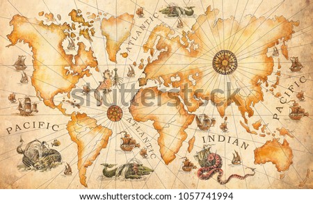 A large vintage, ancient world map, drawn by hand with dragons, sea monsters and ancient sailboats. Adventures and pirates, \
ancient treasures and quests.