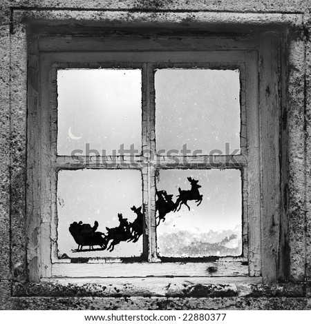 watching Santa through a window flying away with his reindeer and sleigh.