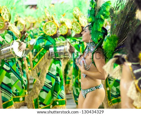 RIO DE JANEIRO - FEBRUARY 10: A woman in costume dancing on carnival at Sambodromo in Rio de Janeiro February 10, 2013, Brazil. The Rio Carnival is biggest carnival in world.