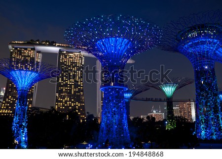 SINGAPORE - JANUARY 22: Night view of The Supertree Grove at Gardens near Marina Bay January 22, 2014 Singapore. Gardens by Bay was crowned World Building of Year at World Architecture Festival 2012