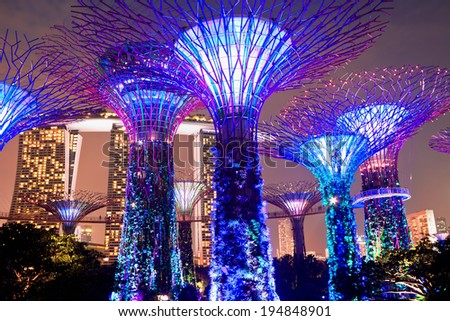 SINGAPORE - JANUARY 22: Night view of The Supertree Grove at Gardens near Marina Bay January 22, 2014, Singapore. Gardens by Bay was crowned World Building of Year at World Architecture Festival 2012