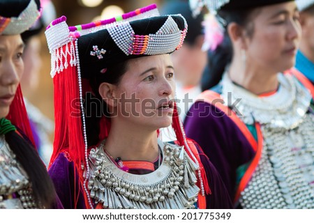 LISU, THAILAND - FEBRUARY 7: Women in national costumes during Spring Festival (Chinese New Year) in village of Lisu, province of Mae Hong Son, Thailand, February 7, 2014