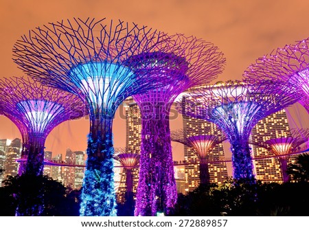 SINGAPORE - JANUARY 22: Night view of The Supertree Grove at Gardens near Marina Bay January 22, 2014. Singapore. Gardens by Bay was crowned World Building of Year at World Architecture Festival 2012
