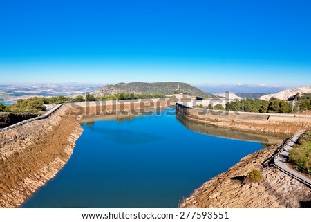 body of water near dam Tajo de la Encantada and Royal Trail (El Caminito del Rey) in gorge Chorro, Malaga province, Spain