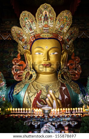 LADAHK, INDIA - 2nd June 2013 : This is a sculpture of Maitreya, the future Buddha, as believed by Buddhist in Ladakh region of India. It is 49 Ft high and located at Thiksey Monastery in Ladakh.