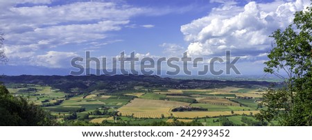 Early summer panorama of the hilly area of Monferrato, Piedmont (Northern Italy), full of vineyards. Color image