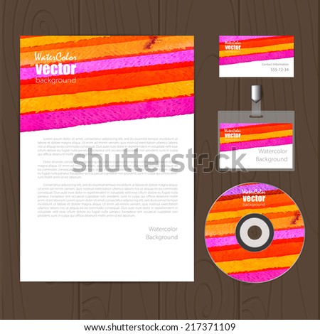 Vector corporate identity template with watercolor elements. Business card, disc, document, badge. Eps10
