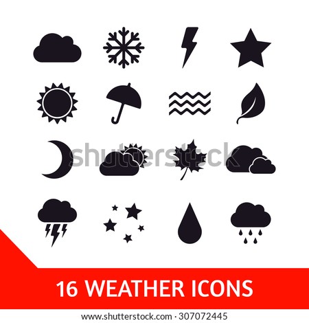 Vector set of sixteen weather icons. Nature illustration