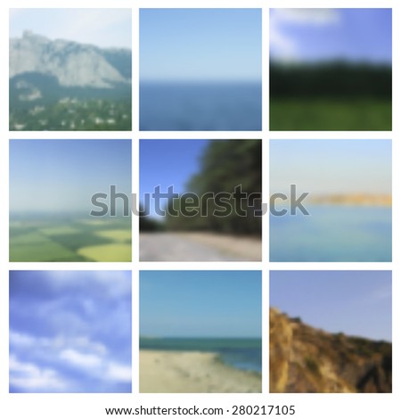Set of vector blurred landscapes, travel badge, voyage label, nature view. Green forest, sea, beach, sky with clouds. mountain, field, web and mobile interface template. Travel website design.