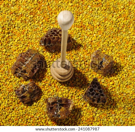 Healthy bee bread, pollen and honeycomb pieces