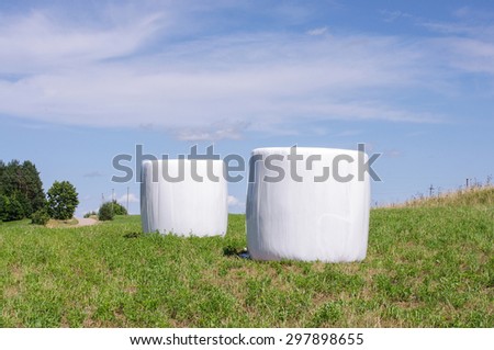 Hay bales sealed with white plastic wrap in the Lithuania field