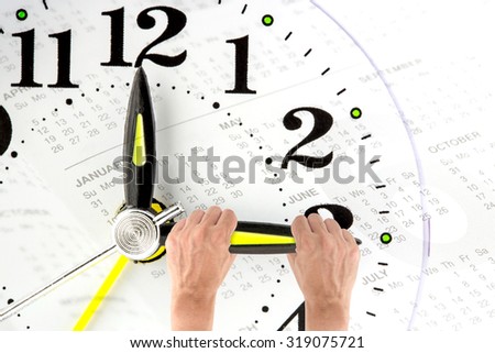 Deadline. hand trying to stop time. Time Management. Time pressure. Business concept. Cure for old age. Annual reports. Front view.