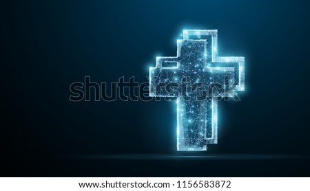 Cross. Polygonal wireframe jesus christ cross on blue night sky with dots, stars. Christianity, religion symbol, illustration or background