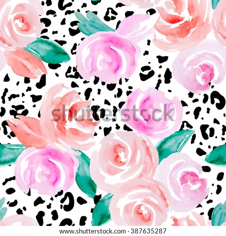 Seamless pattern with abstract watercolor flowers. Pink roses on a white background and spots on a leopard skin.