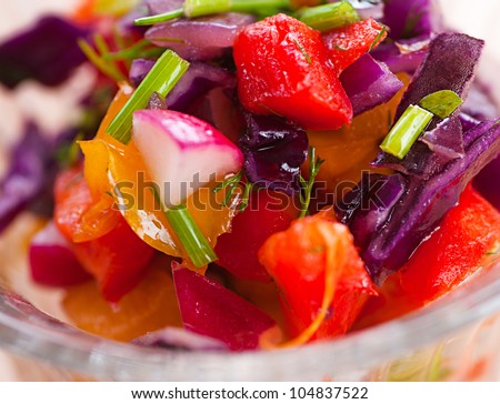 Beets, Carrots, Turnips, Pickles and Onion Salad Known as Russian salad
