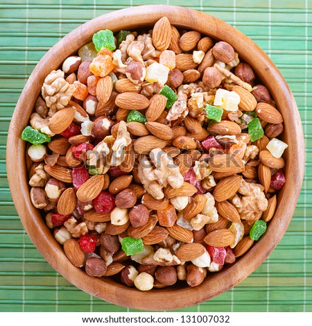 Wooden plate with variety of ingredients - almonds, walnuts, hazelnuts and candied fruit, on green bamboo tablecloth.