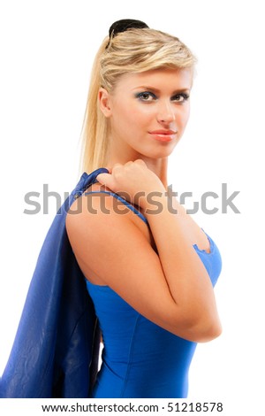 Portrait of girl in dark blue clothes, isolated on white background.