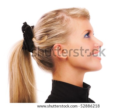 girls images for profile pic. stock photo : Portrait of girl with ponytail in profile, on white background 