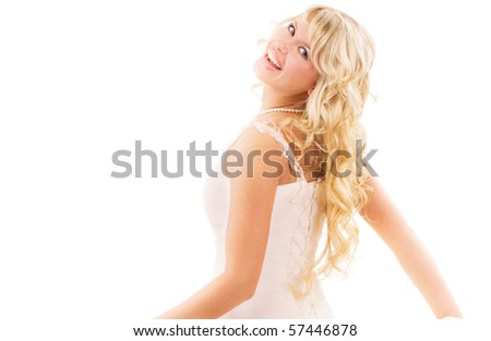 stock photo Beautiful woman with long hair wearing luxurious wedding dress