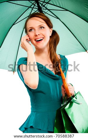 young beautiful woman with green umbrella isolated on white background