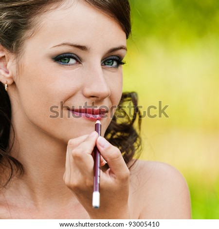 portrait pretty young woman bare lipstick contour pencil background summer nature