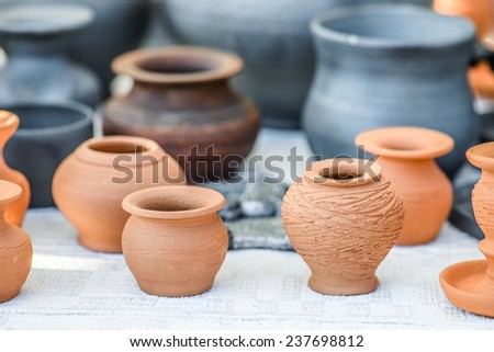 Russian traditional clay pots of manual work.