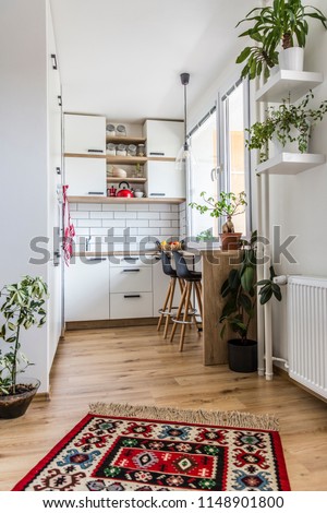 white kitchen with red components, cosy tiny home after the reconstruction in panel house