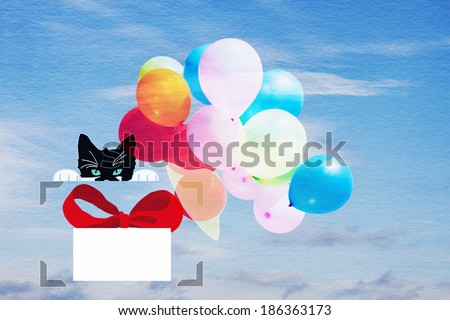 birthday card, drawing a kitten with a gift, balloons in the sky, romantic mood of  holiday