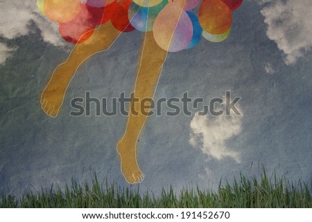 running children\'s feet flying in balloons, Happy Birthday card,,