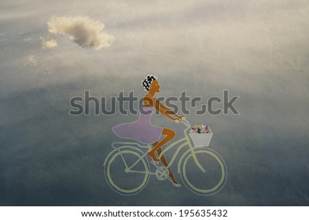 girl on a bicycle with a basket of flowers, summer fantasy, baby,,  travel