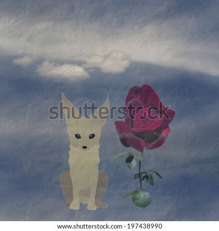 fox and a red rose on a background sky with cloud, about friendship and love