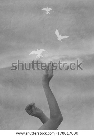 children\'s hands and flying birds on background sky, about peace and freedom, black,, white