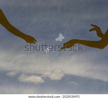 hands couple in love, hands of children against the sky with a cloud, vintage