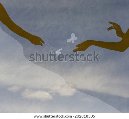 hands couple in love, hands of children against the sky with a cloud, vintage