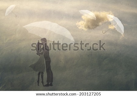 couple in love under an umbrella, texture paper, vintage, romance,  man and woman in love
