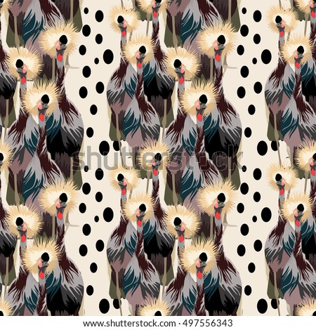 Abstract watercolor drawing  African crowned cranes,  background with dot seamless pattern, summer  fashion design , color tropical vector prints animals