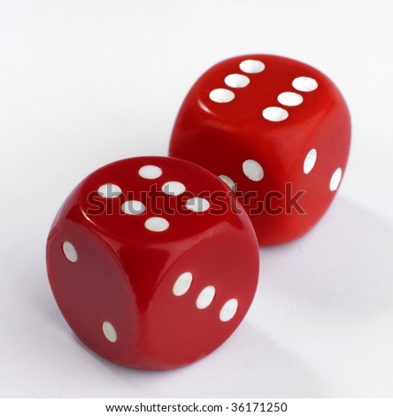 Two red dice on a white background showing a throw of double six